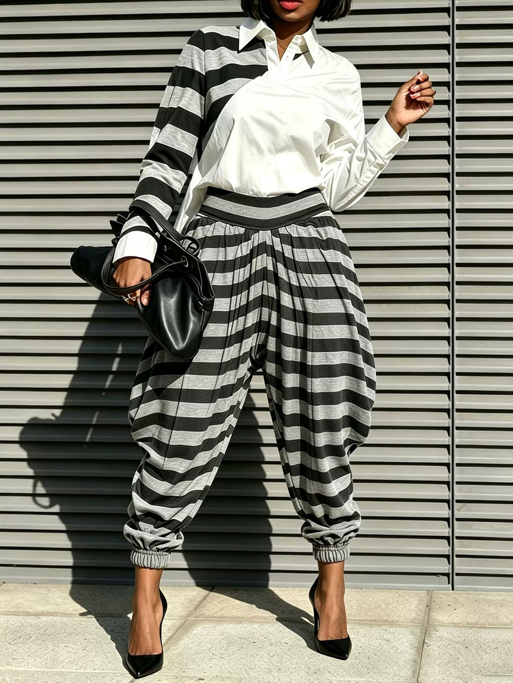 ZARA Womens Color Block Shirt Striped Harem Pants Loose High Waist 2 Piece Set
